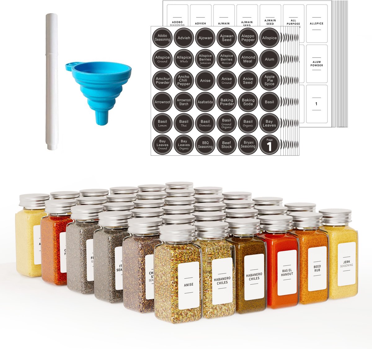 SpaceAid 36 Stuks 4oz/118ml Glazen Kruidenpotten - Labels + Trechter Inbegrepen - Minimalistische Boerderijstijl - Complete Set voor Grote Keukens - Goedkoper per Stuk