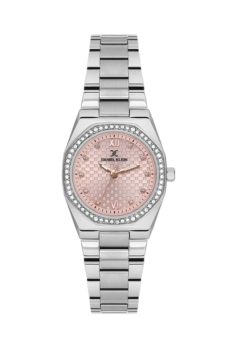 Daniel Klein DK.1.14099-2 - Horloge - Polshorloge - Analoog - Dames - Vrouwen - Romeinse cijfers - Achthoek - Stalen band - Metaal - Briljant - Vierkantjes - Strepen - Zilverkleurig - Roze - Rosékleurig -Zwart - Wit