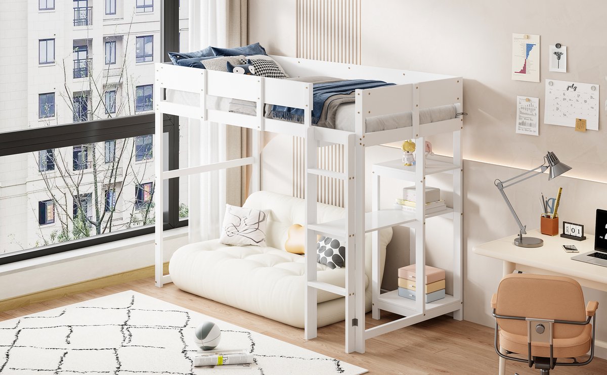 Wishdor Hoogslaper 90x200 cm - Inclusief Opbergrek - Ruimtebesparend - Veilig & Stabiel - Massief Grenenhout - Wit