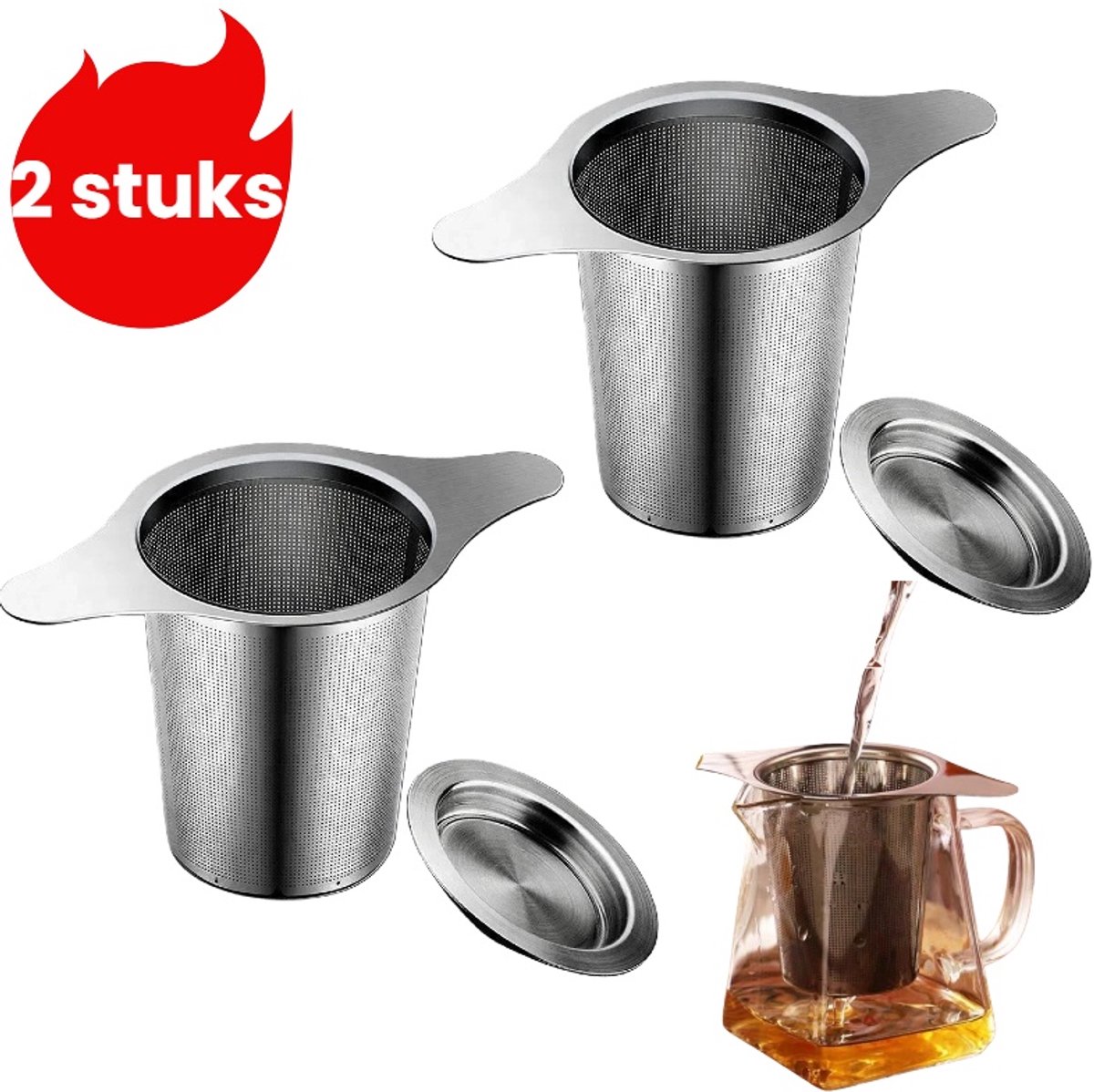 2-delige theezeef - theefilter - thee-infuser - theeset - theekopje met infuser - zilver