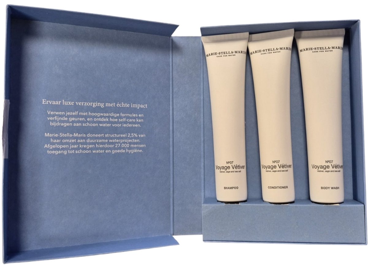 Marie Stella Maris - 3-in-1 Badkamer Essentials - Shampoo, Conditioner, Body Wash - 3x50 ml - Luxe Verzorgingsset - Badkamer Set - Natuurlijke Ingrediënten - 100% Vegan - Verzorgt, Hydrateert en Parfumeert - Luxe Geschenk Verpakking
