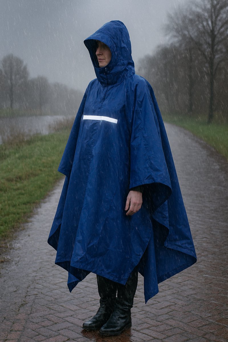 NatuurGenoot® Regenponcho - Fietsponcho Dames en Heren- Regenjas met reflecterende strips - Regenpak Waterdicht- Hood en Snap- Donker Blauw