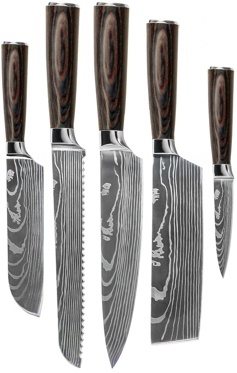 Shinrai Knives - Damascus Print 5-delige Messenset - Koksmes + Broodmes + Nakiri + Kleine Santoku + Schilmes - Koksmes - Vleesmes - Hakmes - Broodmes