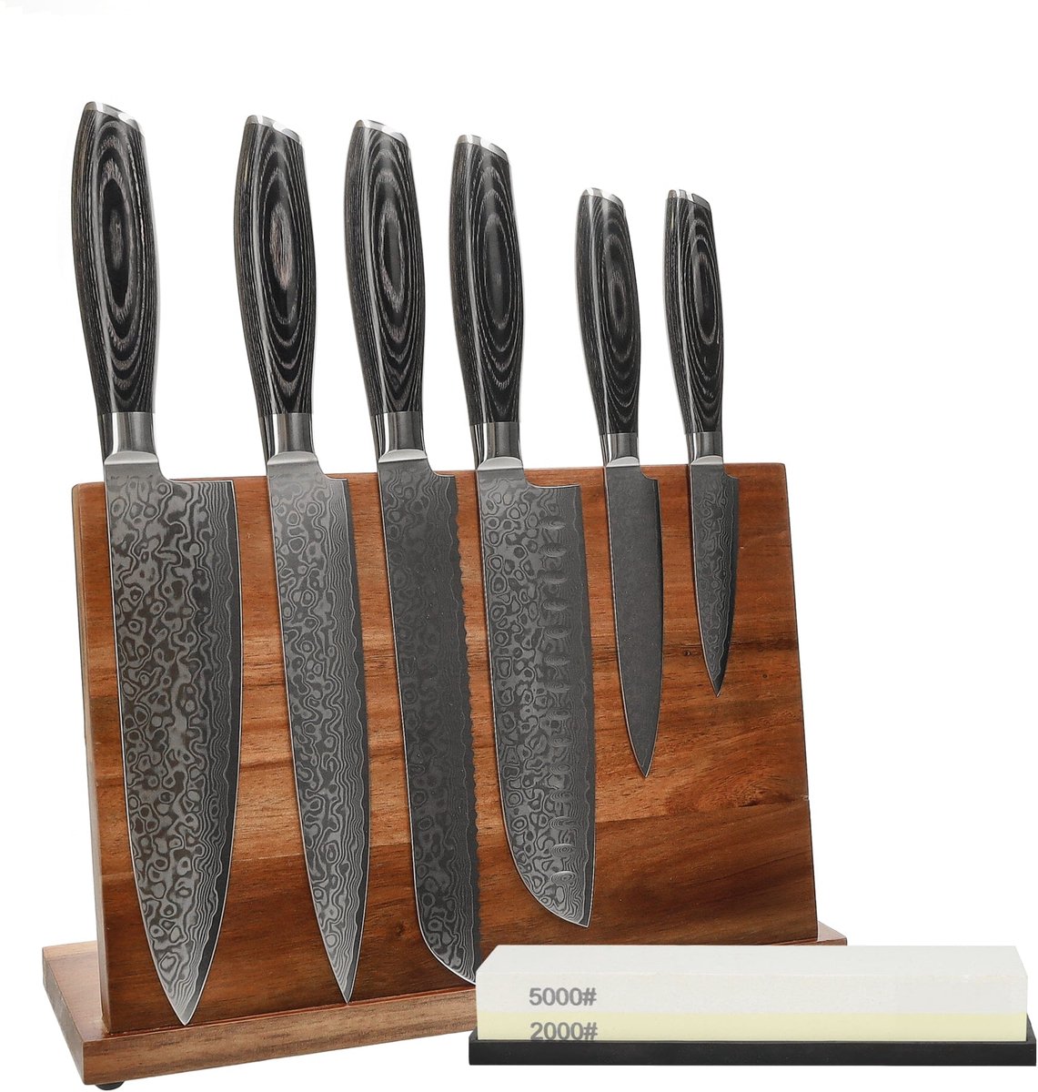 Shinrai Knives - Damast Pakka Wood 6-delige Messenset + Messenblok + Slijpsteen - Vleesmes - Hakmes