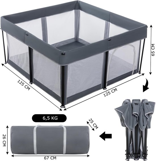Grondbox - inklapbare box - box - grijs - speelbox - box voor baby’s - playpen - 125x125x65 cm - incl. 50 ballen, speelmat en opbergtas — afbeelding 2