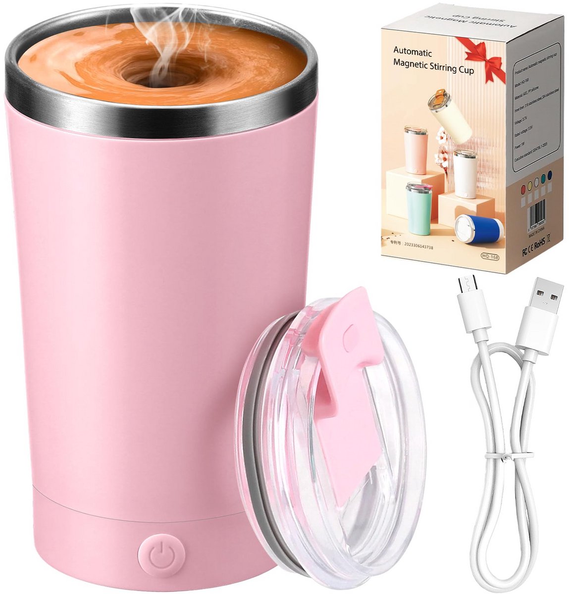 Kraftverdia Zelfroerende Koffiebeker 400ml – Oplaadbare RVS Automatische Roerbeker met Deksel – Elektrische Koffie- & Theemok voor Thuis, Kantoor & Reizen - Roze
