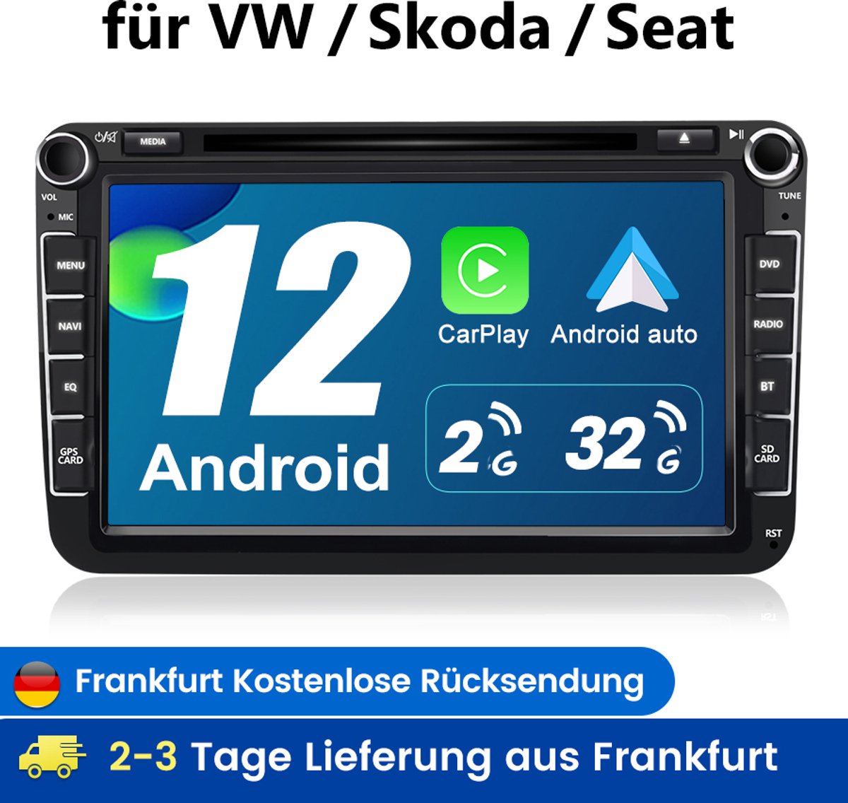 Hexinex Quad-Core autoradio Geschikt voor VW GOLF 5 6 CADDY EOS PASSAT - Draadloos CarPlay, DVD/CD, multimediaspeler, 2+32GB