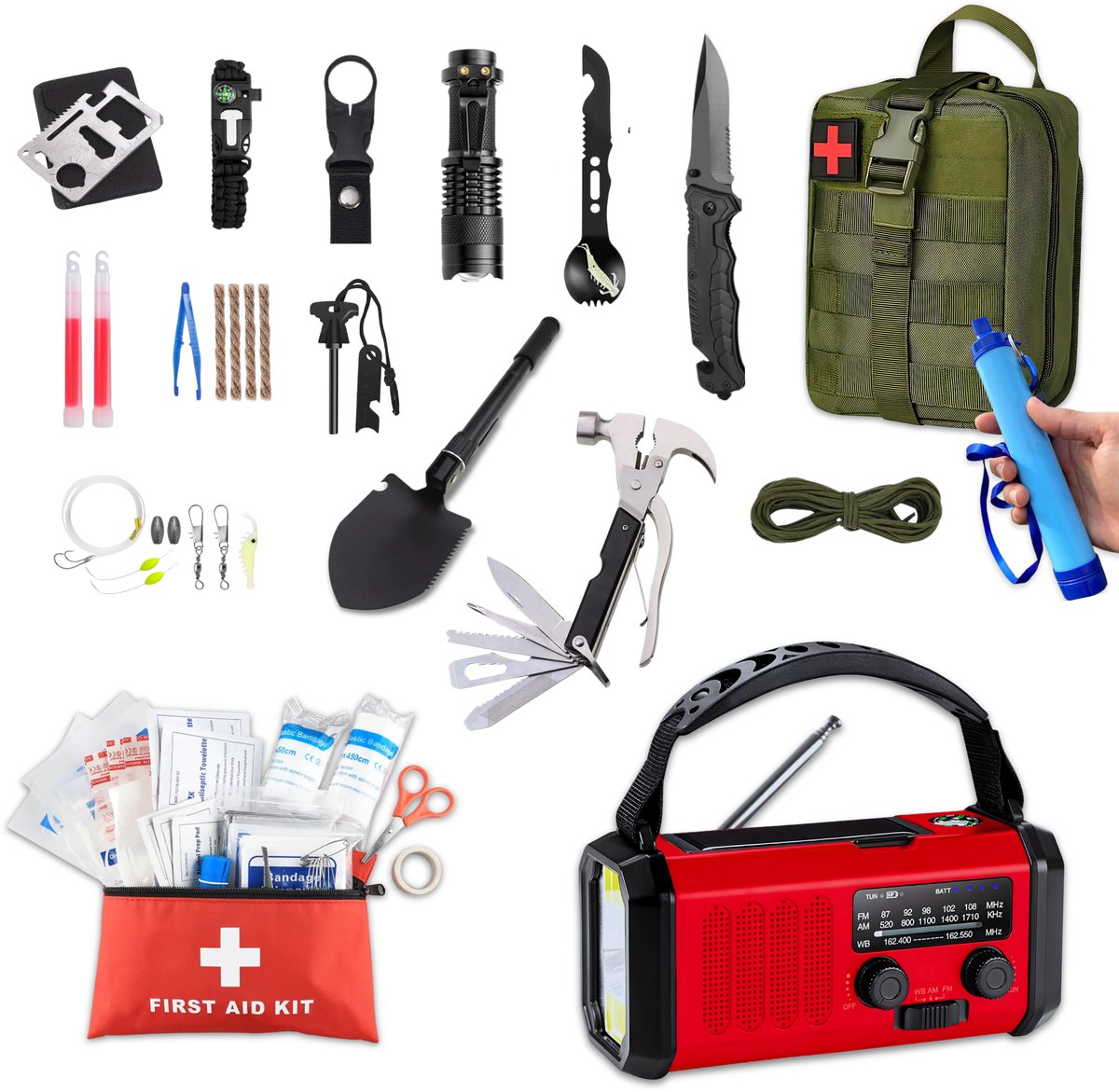 DreamGoods Noodpakket - Compleet alles-in-één - 72+ uur overlevingspakket - Stroomuitval, oorlog & noodsituaties - Rampenrugzak - Survival kit - voor thuis & outdoor - Noodpakket radio - Noodradio solar opwindbaar - Noodrugzak - Mes - bij Rampen