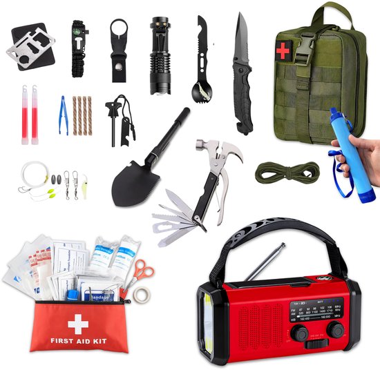 DreamGoods Noodpakket - Compleet alles-in-één - 72+ uur overlevingspakket - Stroomuitval, oorlog & noodsituaties - Rampenrugzak - Survival kit - voor thuis & outdoor - Noodpakket radio - Noodradio solar opwindbaar - Noodrugzak - Mes - bij Rampen