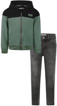 Koko Noko - Kledingset - Basic Collection - Bio Cotton - Dark grey jeans - Cardigan with hood Dark Green - Maat 128