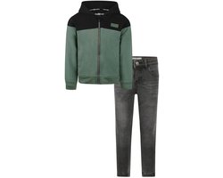 Koko Noko - Kledingset - Basic Collection - Bio Cotton - Dark grey jeans - Cardigan with hood Dark Green - Maat 128