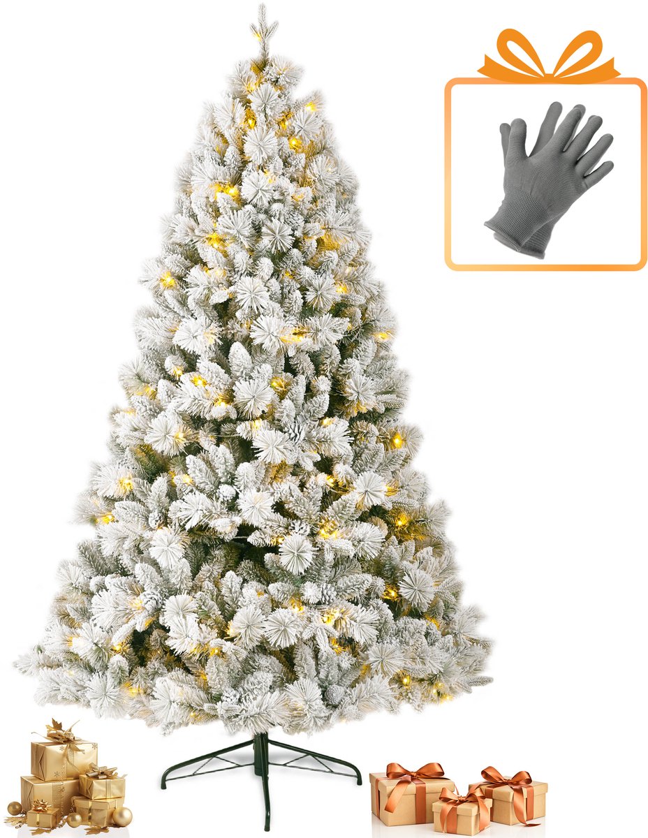 Sinaopus Kunstkerstboom 215cm - Met denneappels&dennennaalde&sneeuw - Scandi Dennenappel - Met LED-verlichting (320LED’s, 8lichtmodi) – 1348takken – PVC&PE –Metalen Standaard –Snel opzetten –Opvouwbare takken –Besneeuwde Kerstboom