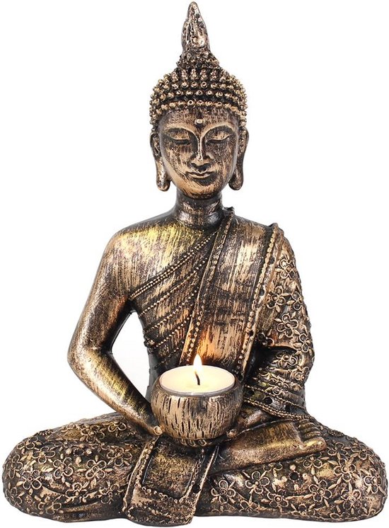 Yeomoo Meditatie Boeddha figuur theelichthouder/kaarsenhouder decoratie woonkamer - Boeddha figuren met Lotus Zen kamer decoratie tuindecoratie voor buiten met led-theelicht gepersonaliseerde