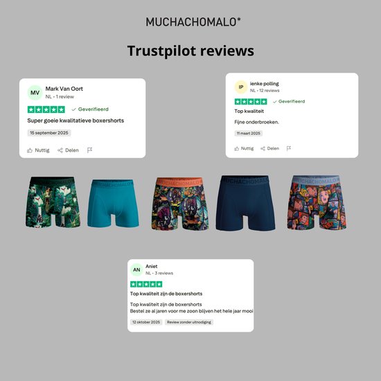 Vier Muchachomalo boxershorts met diverse prints. Twee met een jungle-thema, één met monsters en één effen donkerblauw.