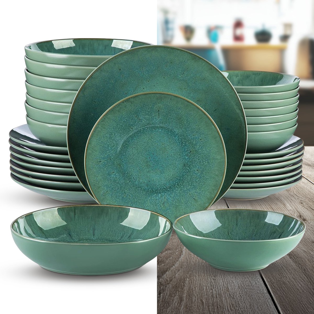 Luxe Serviesset – 48 delig – 12 persoons – Porselein - Bordenset – Dinner platen – Dessertborden - Kommen - Soepkom - Groen