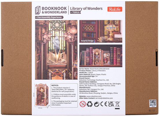 Doos van het Rolife 'Library of Wonders' modelbouwpakket met afbeeldingen van het eindproduct.
