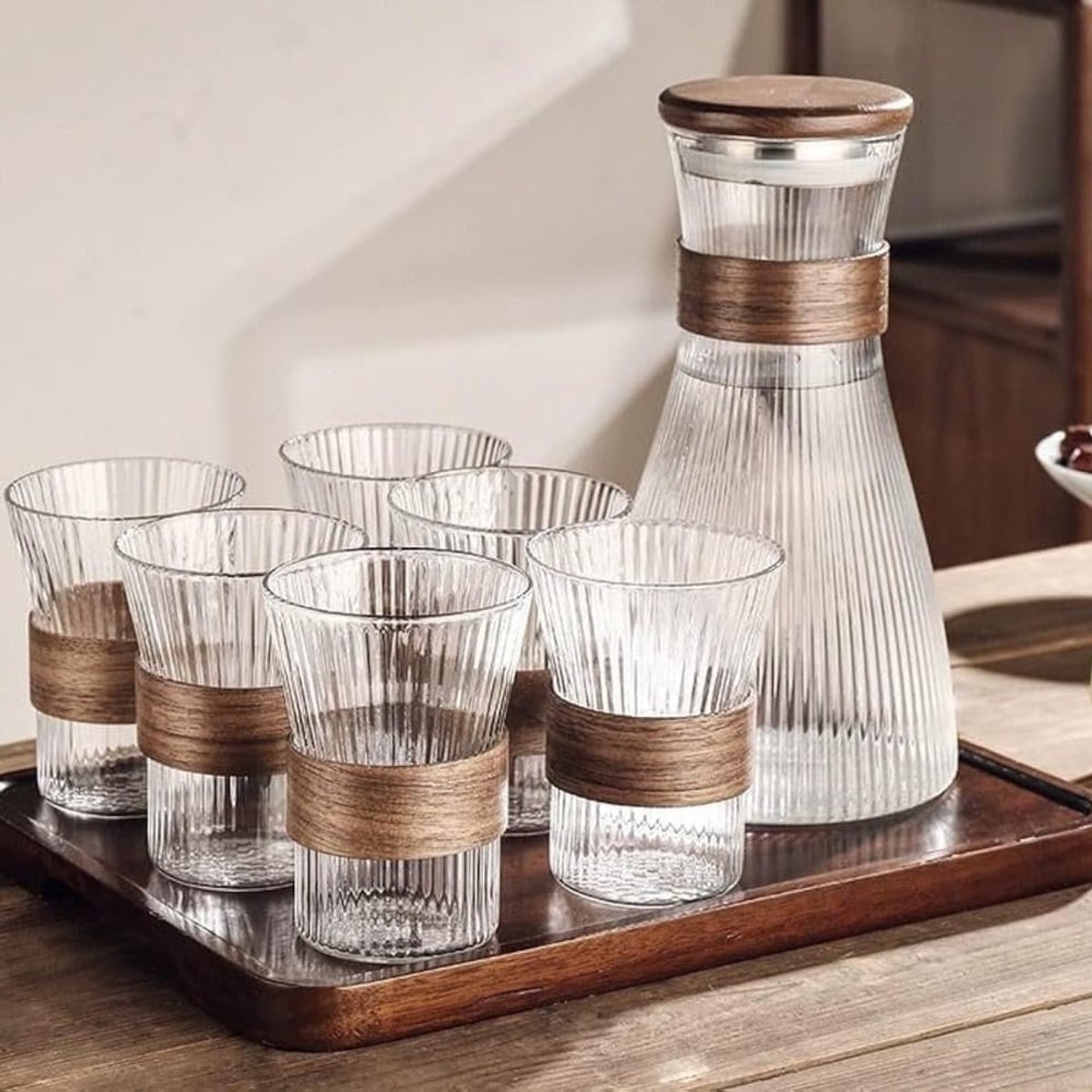 BAVARY Collection Bamboo Lines – 7-delige Glazen Set met Karaf met Houten Deksel