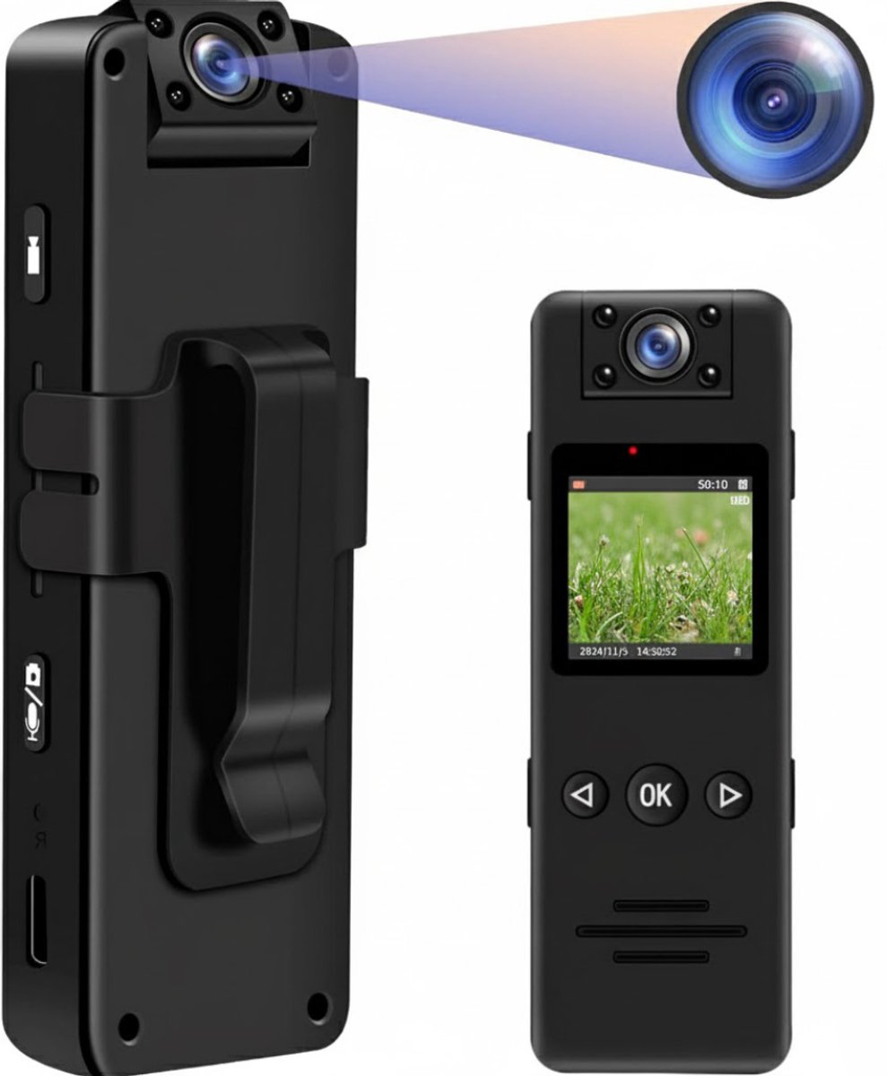 White-Label® Bodycam - Action Cam - Bewegingsdetectie - 180º Draaibare Lens - Bodycam Politie - Spycam - Full HD - Zwart