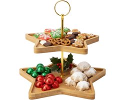 Lomera Kerst Etagere - 2 Lagen - Stervorm - Bamboe En Metaal - Kerst Serveerschaal - Decoratieve Etagere - Feestelijke Presentatie - Kerstdecoratie - Etagere Voor Hapjes - Etagere Voor Desserts - Veelzijdig Gebruik - Kerst Servies