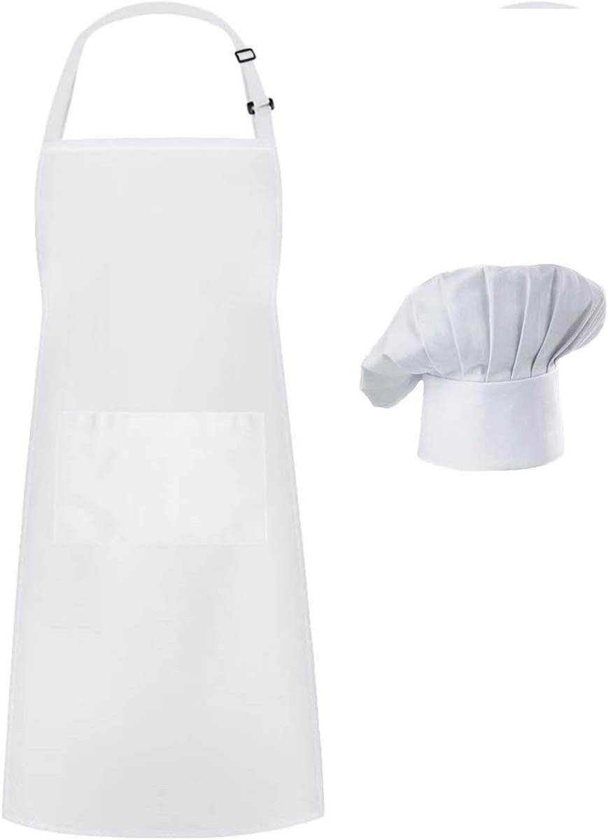 Schort en hoedset - Verstelbare koksmuts en schort - Unisex bakkerskleding (wit)