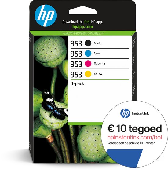 HP 953 4-pack inktcartridges: zwart, cyaan, magenta, geel. Doos met lotusbloemen en een vlinder.