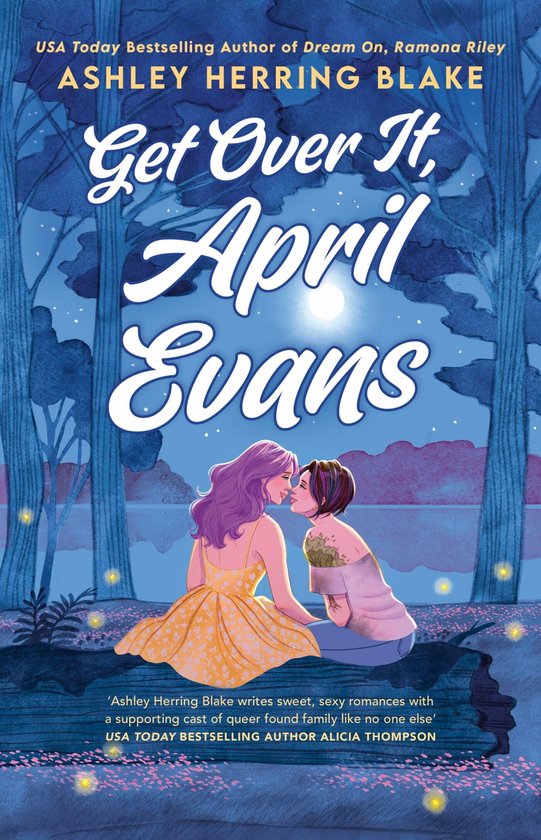 Boekomslag met twee meisjes die elkaar kussen onder een boom, getiteld 'Get Over It, April Evans'.