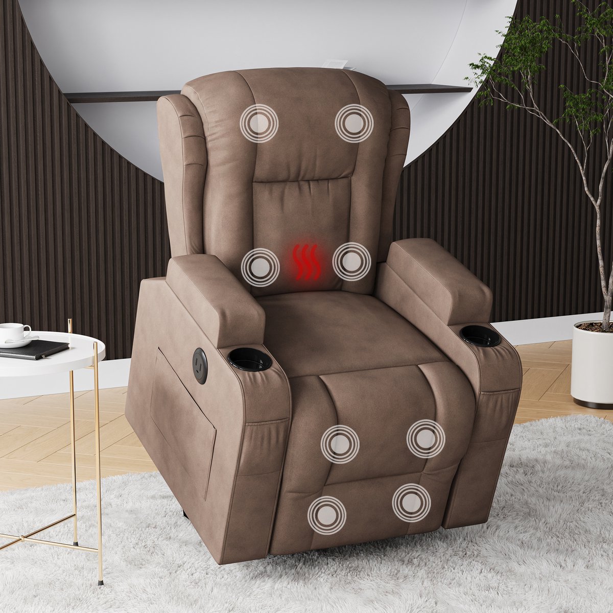 Elektrische Relaxfauteuil - met Massage- en Verwarmingsfunctie, Verticale Positioneringshulp, Voetsteun, USB-poort, Zakken, Massagestoel voor Slaapkamer, Woonkamer en Home Cinema (Bruin)