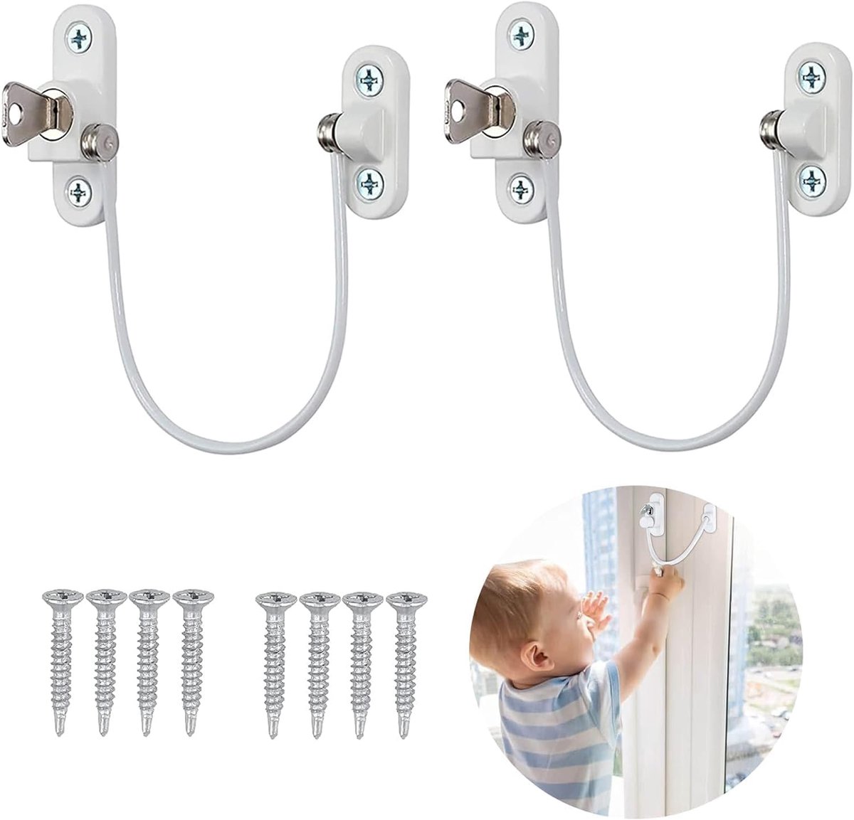 Image of 2-pack kindersloten - raambegrenzers - raamkabelbegrenzers - met sleutel en schroeven - raamsloten - ladesloten, koelkastsloten, multifunctionele sloten - voor de veiligheid van kinderen en baby's