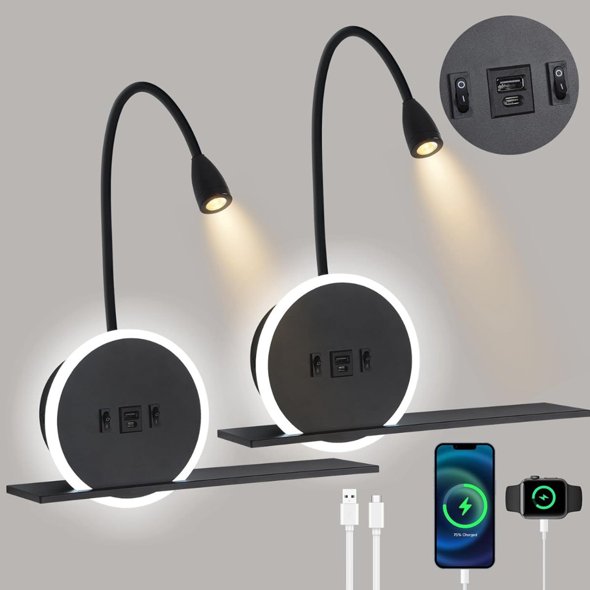 White-Label® Bedlampjes Hoofdbord - Leeslampjes met Meerdere Standen - Bedlamp Slaapkamer Volwassenen - Zwart