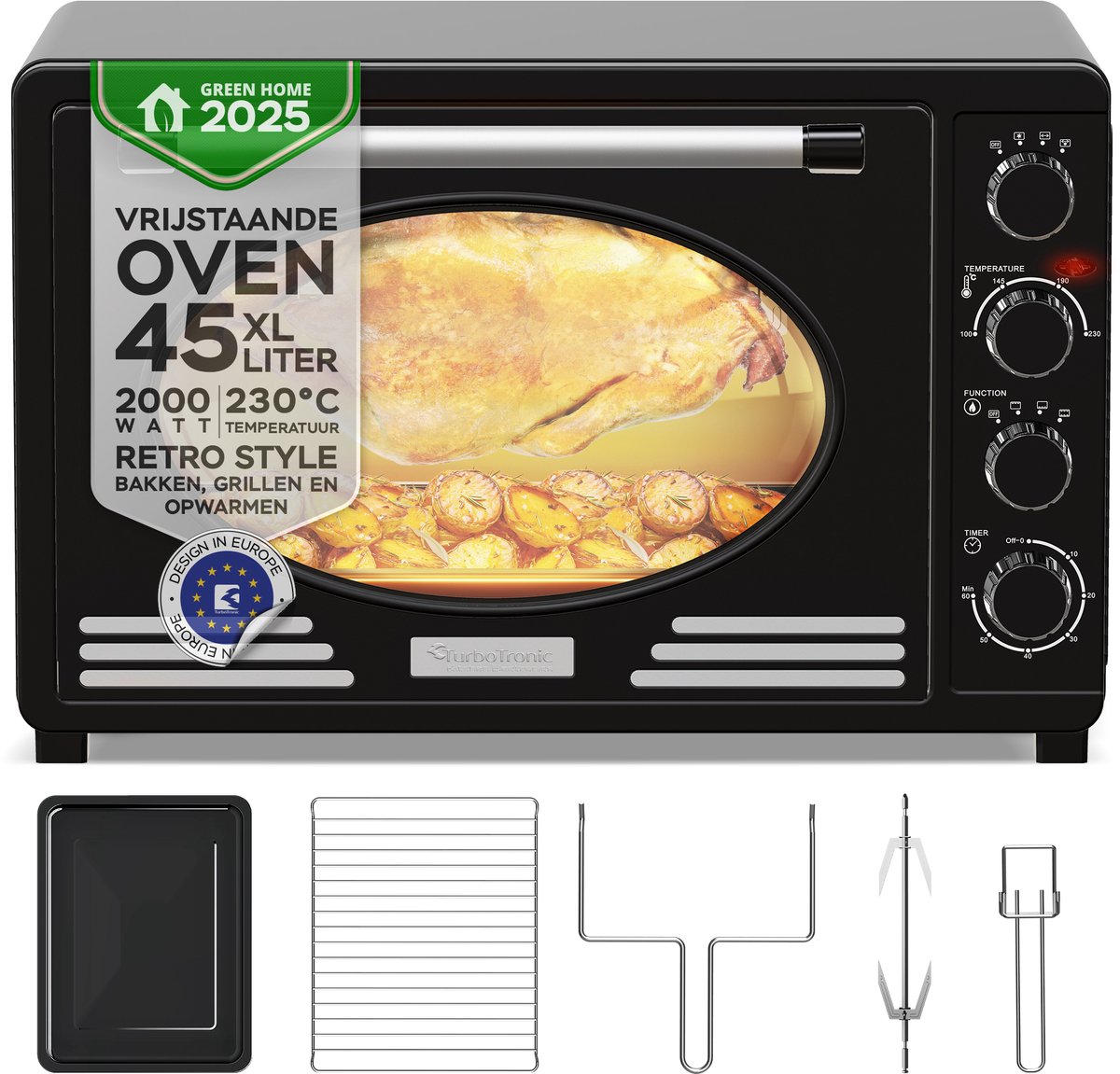 Bol.com TurboTronic EV45R Retro Elektrische Vrijstaande Oven - Mini Oven - 45 liter - Zwart aanbieding