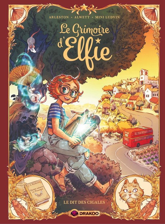Boekomslag 'Le Grimoire d'Elfie', een meisje met rood haar en bril speelt op een lier. Een rode dubbeldekkerbus rijdt op een weg.