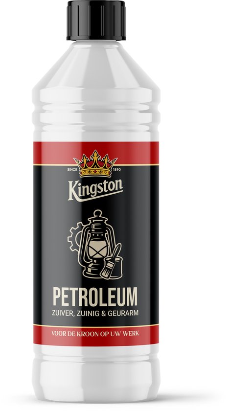 Transparante fles Kingston Petroleum 1 liter met zwarte dop, kroonlogo en lantaarnafbeelding op het etiket.