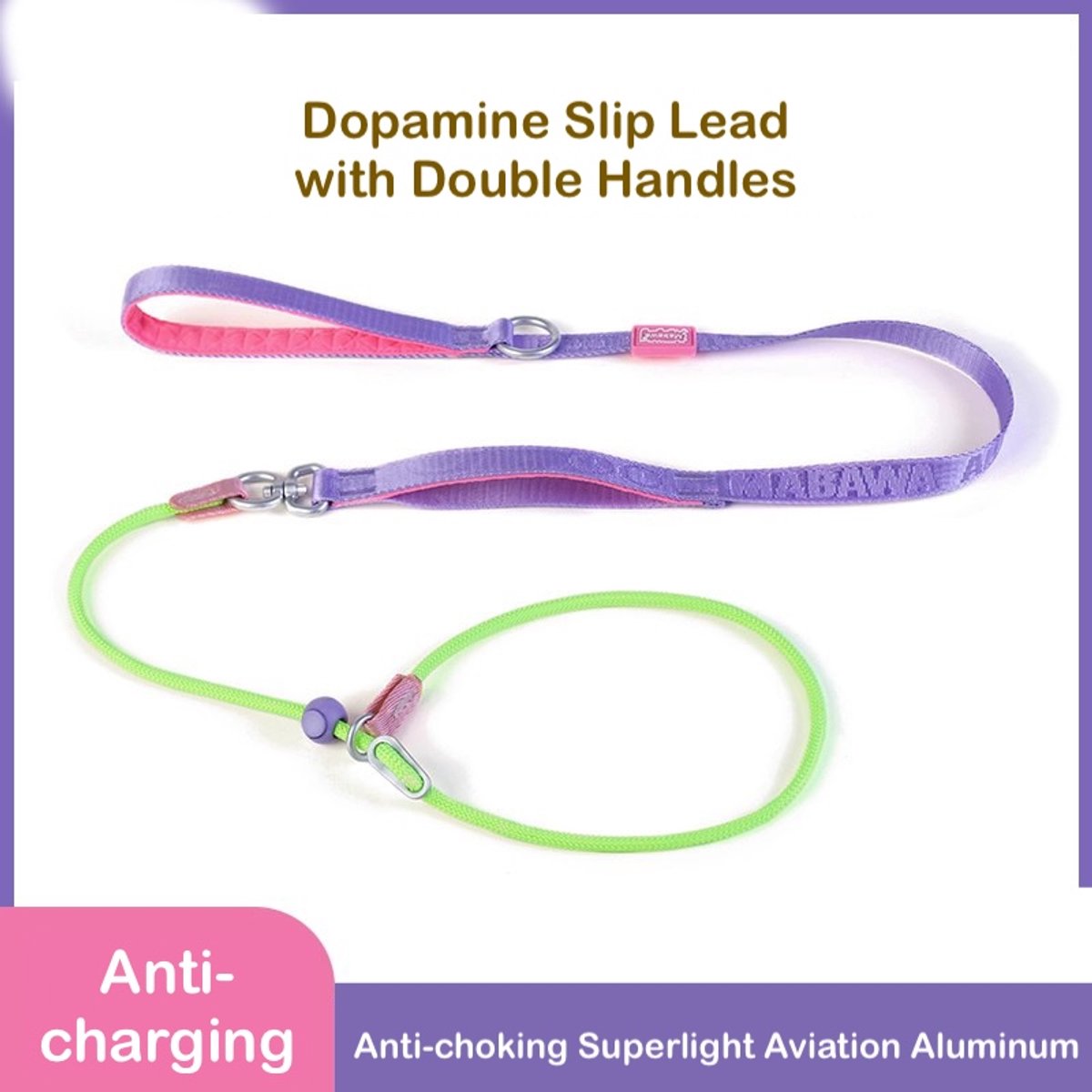 Dopamine Slip Lead with Double Handles (PurpleLemon) - Walk in Colour Train with Ease / Bright Colours Light Feel Better Control / Prevents Choking / Vibrant Colour Design / Superlight Aviation-Grade Aluminum Hardware