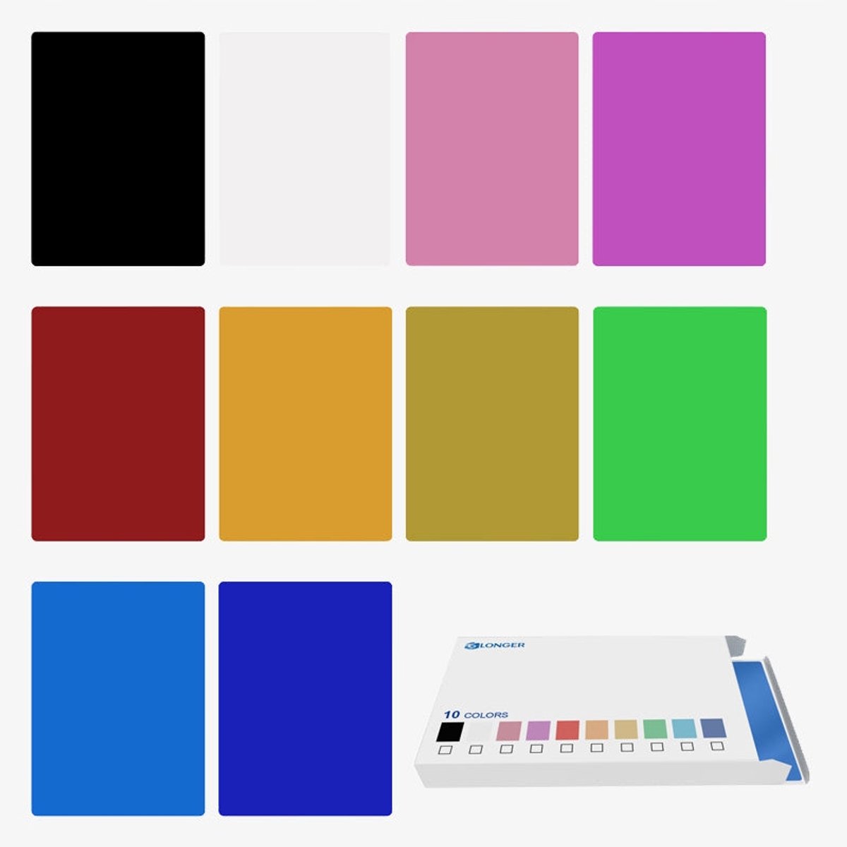 LONGER Lasergraveer Materiaal – Aluminium Platen 10 Kleuren – 0.21mm – 100 Stuks – Voor Lasergraveermachines