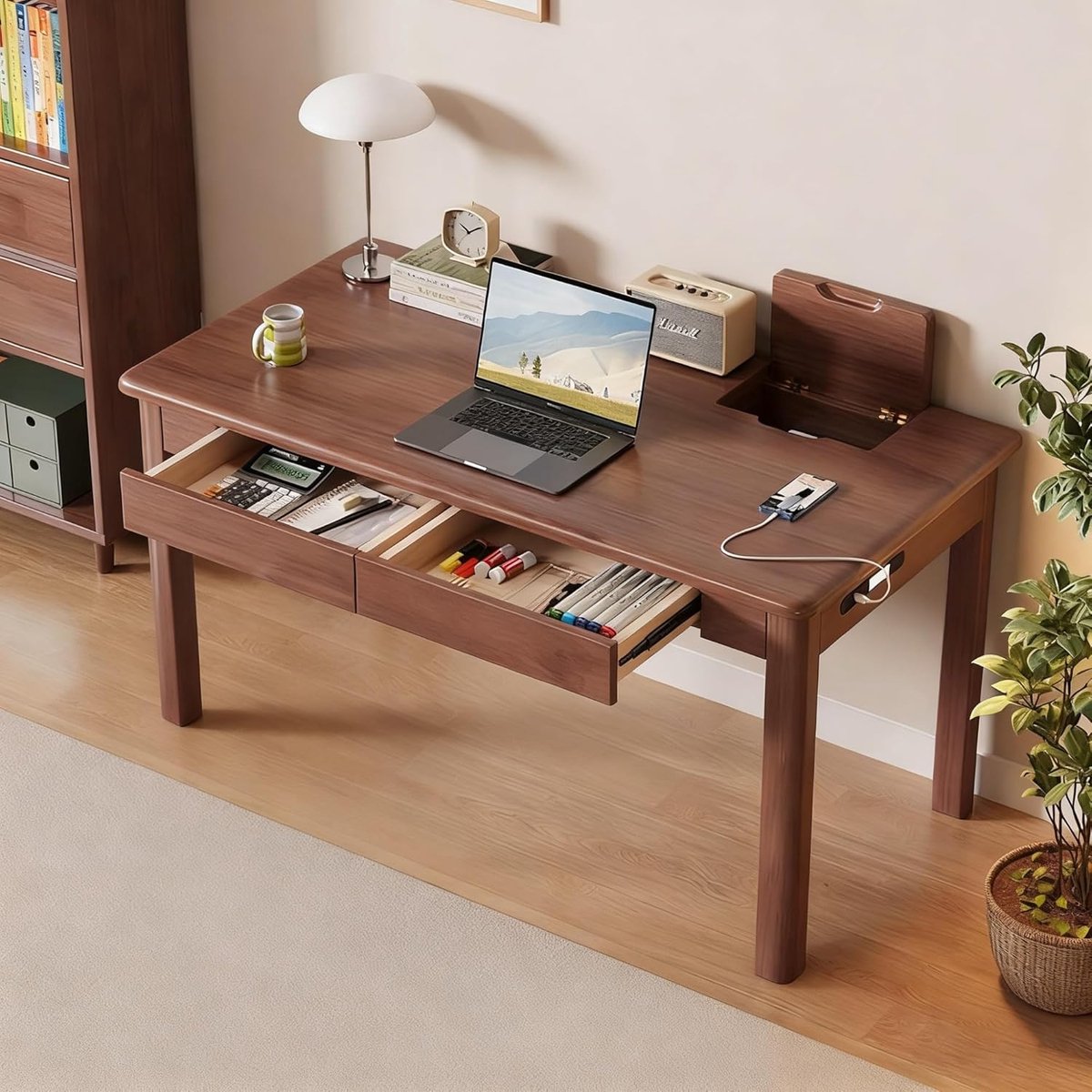 Massief Houten Boerderij Bureau met Lades – Rustiek Schrijfbureau & Computertafel – Modern Landelijk Design voor Thuiswerkplek, Kantoor of Slaapkamer – Walnootkleur – 120x58x74 cm Novihome