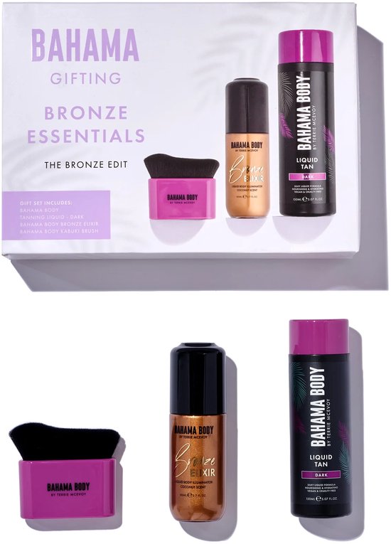 Coffret cadeau Bahama Body: Bronze Essentials. L'ensemble comprend un liquide bronzant, un pinceau kabuki et un élixir bronzant.