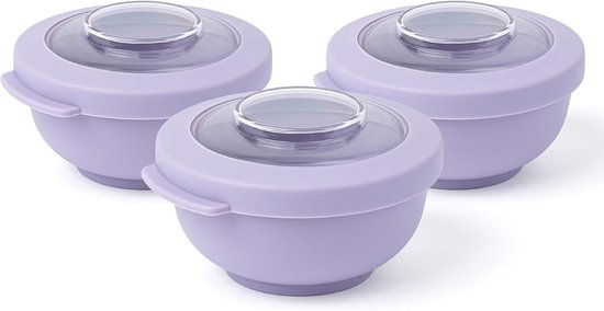 Trois boîtes de conservation Amuse violettes avec couvercles transparents et poignées.
