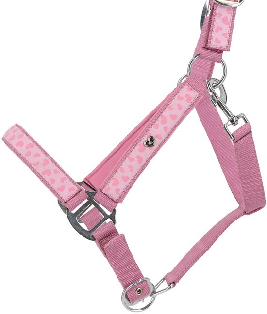 Roze halster met all-over hartjesprint en zilverkleurige hardware.