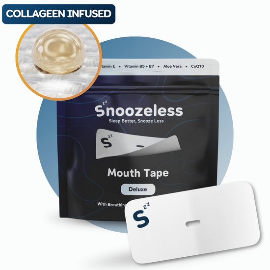 Snoozeless Collageen Mondtape met Ademgaatje – Infused met Collageen, Vitamines & Aloë Vera – Veilige Anti-Snurktape voor Beginners, Gevoelige Huid & Droge Lippen – 30 stuks