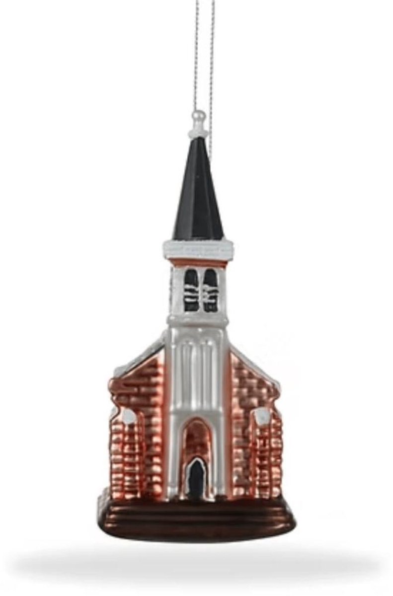 Kerstbal Hoornder Kerkje – Handgemaakt glazen ornament van De Ballen van Texel
