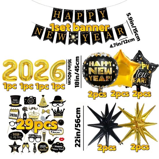 Nieuwjaarsfeest Decoratie Set 2026 – 73-delig | Zwart & Goud | Incl. 16” Cijferballonnen, Banner, Folieballonnen & Photobooth Props | Perfect te combineren met ballonbogen