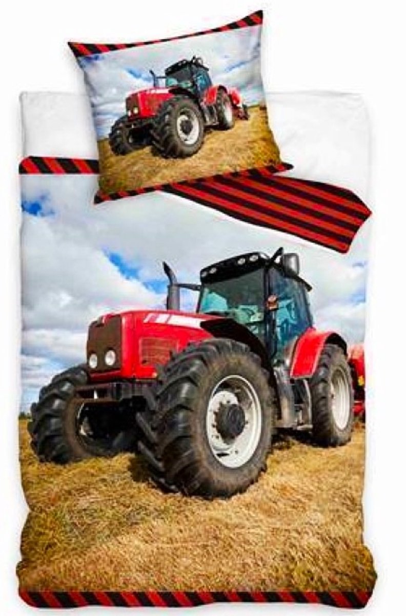 1-persoons jongens dekbedovertrek (dekbed hoes) “rode tractor” met grote trekker / traktor (rood) tussen het goudgele graan (graan dorsen / dorsmachine) op de akker (boerderij) KATOEN eenpersoons 140 x 200 cm (beddengoed kinderkamer boerderij)