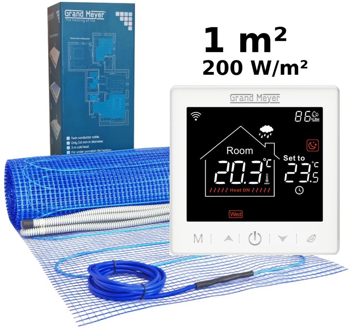 Elektrische vloerverwarmingsset 1 m², 200 W/m² + SN-10 Wi-Fi programmeerbare thermostaat
