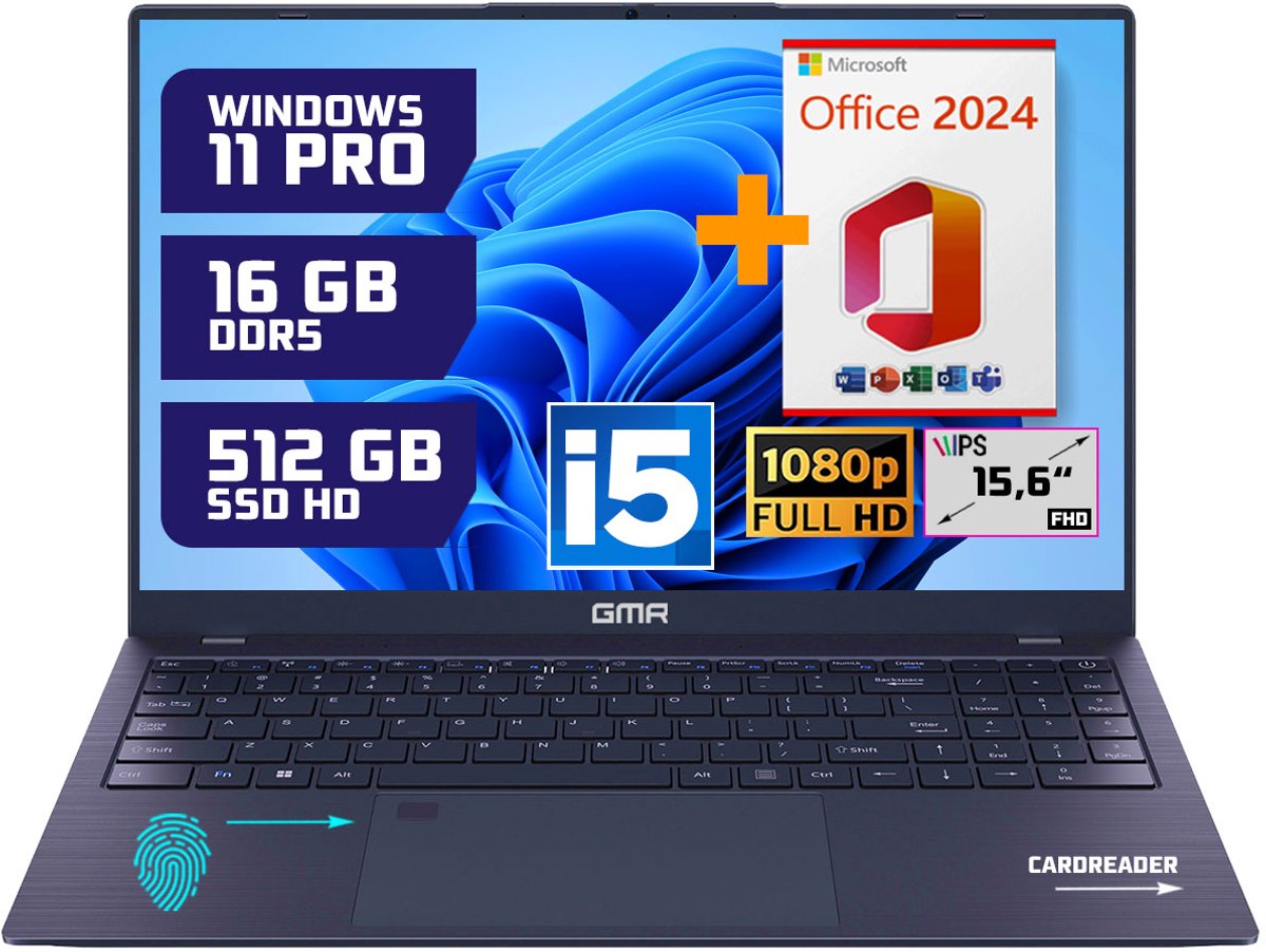 Krachtige 15.6" Full HD Notebook | Snelle Intel Core i5 & 512GB SSD | 16GB DDR5 Geheugen | Windows 11 Pro Editie + Office 2024 voor Zakelijk, Thuis en Studie