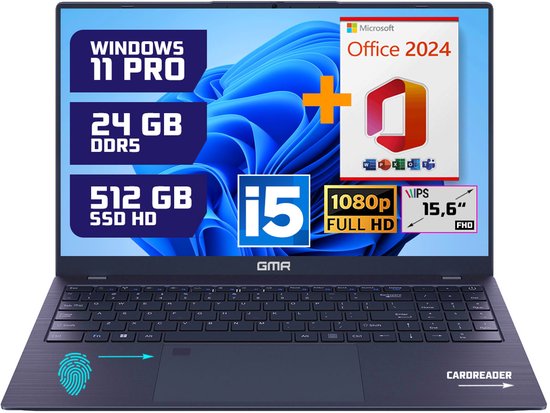 Krachtige 15.6" Full HD Notebook | Snelle Intel Core i5 & 512GB SSD | 24GB DDR5 Geheugen | Windows 11 Pro Editie + Office 2024 voor Zakelijk, Thuis en Studie