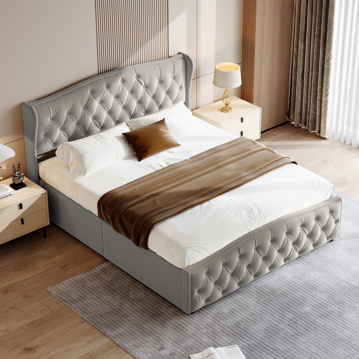 Luxe Grijs Fluwelen Tweepersoonsbed 140x200 cm met Opbergsysteem - afbeelding 3