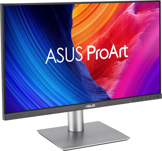 ASUS ProArt monitor met een gebogen abstracte achtergrond met kleuren zoals blauw, rood, roze en oranje.