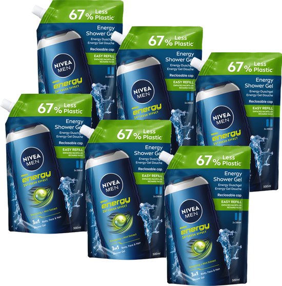 NIVEA MEN Energy 3in1 Shower Gel Refill Mannen - Shampoo - Douchegel - Voordeelverpakking 6x 500ml