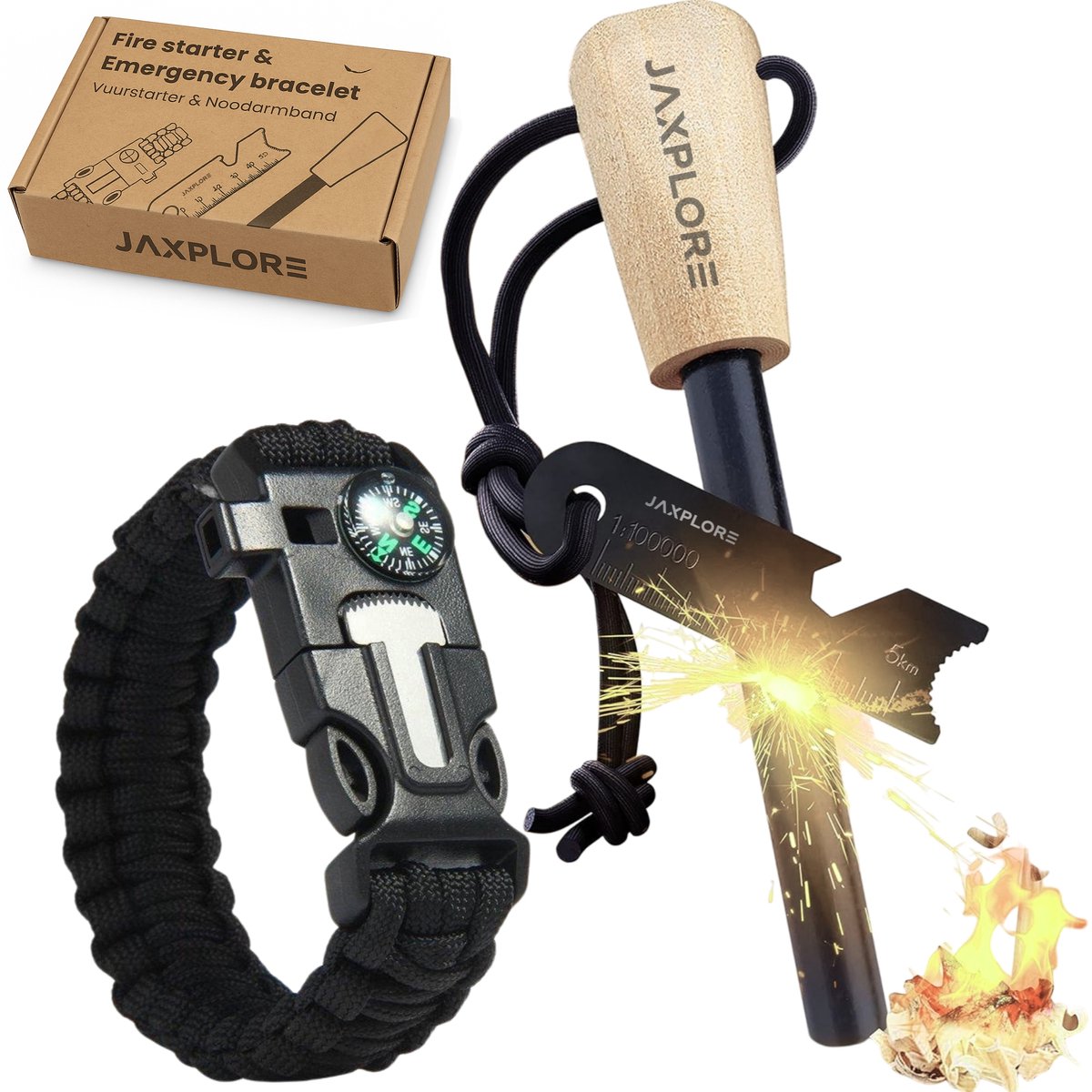 Jaxplore Vuurstarter kit - 5-in-1 - Vuursteen & Nood armband - Survival Noodpakket - Noodfluit, Magnesium vuurstarter, Kompas, Mesje, Touw