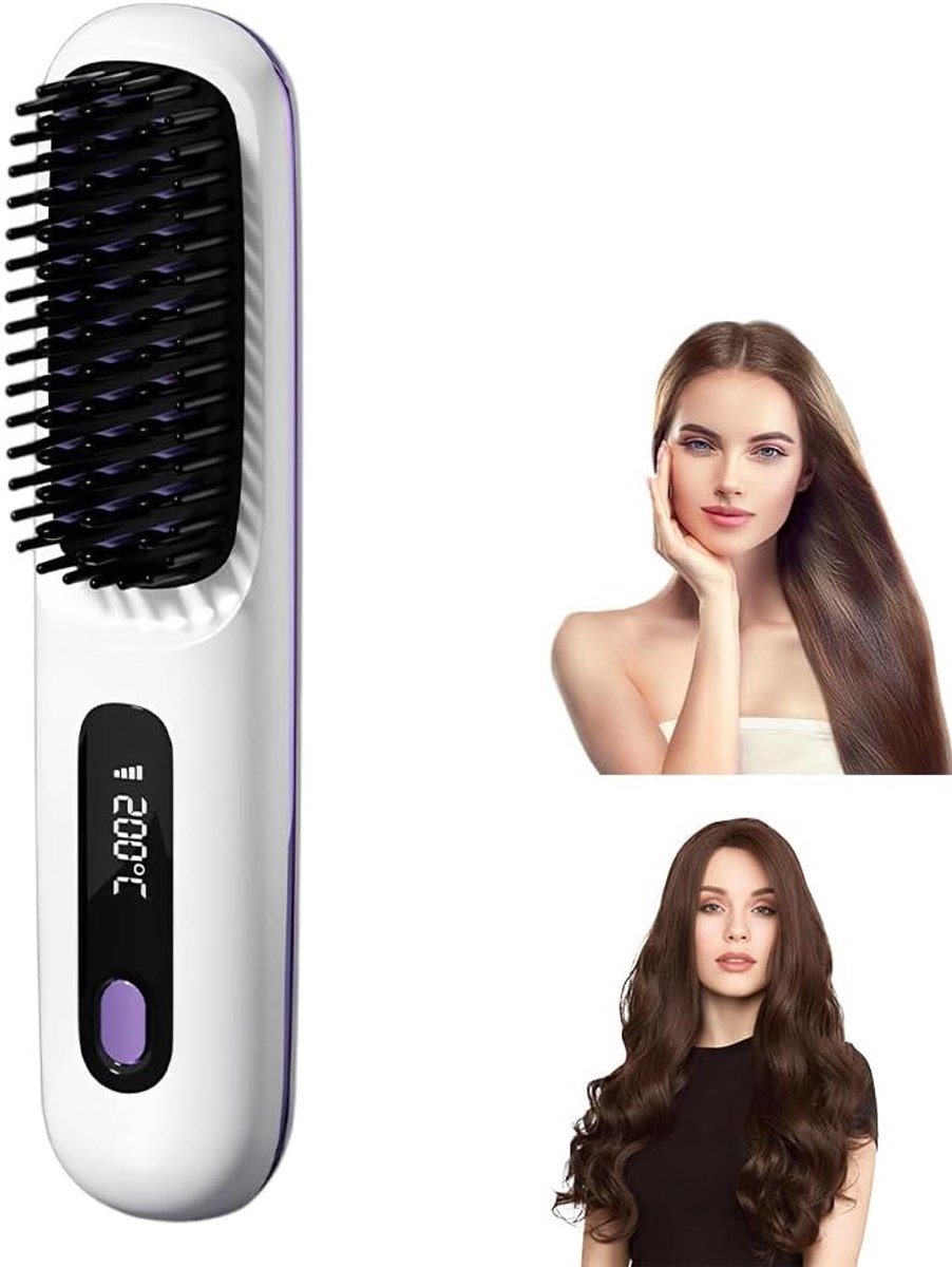 longziming -Draadloze Glättborstel – Mini Haarglättungsborstel met LED Display, 3 Temperatuurstanden, Oplaadbare Straightener Brush voor Haar en Baard, Compact en Draagbaar, Wit